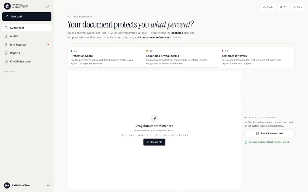 หน้าตรวจเอกสารของ EVID Proof — Protection Score, ช่องโหว่ และ Template ตกค้าง